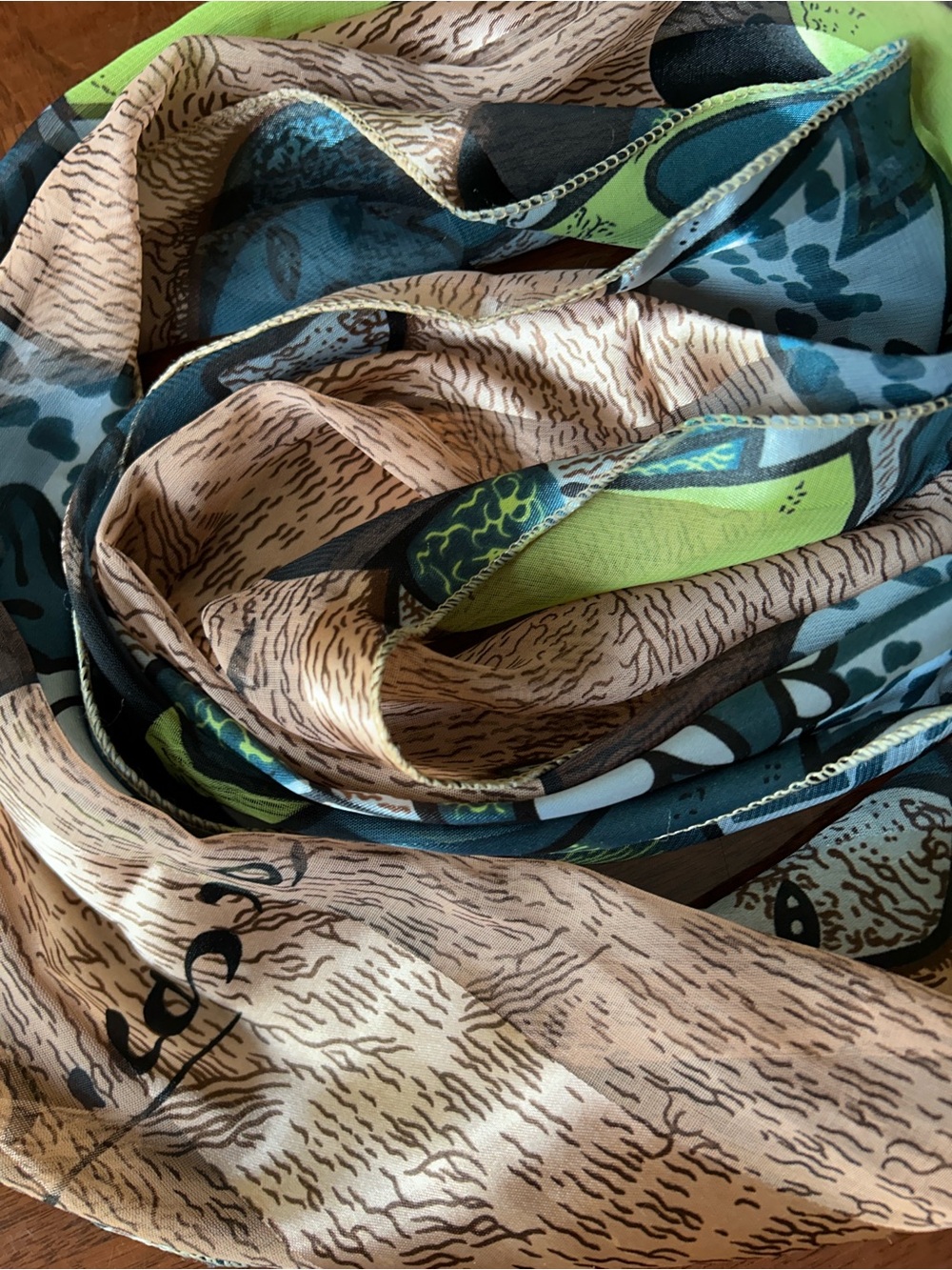 Paloma Picasso Multicolor Silk Scarf in Tan, Blue & Green 11“ x 57“ Korean